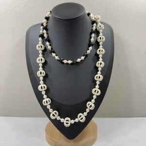 Vintage Long Faux Pearl Necklace Black Creamy White Faceted Beads